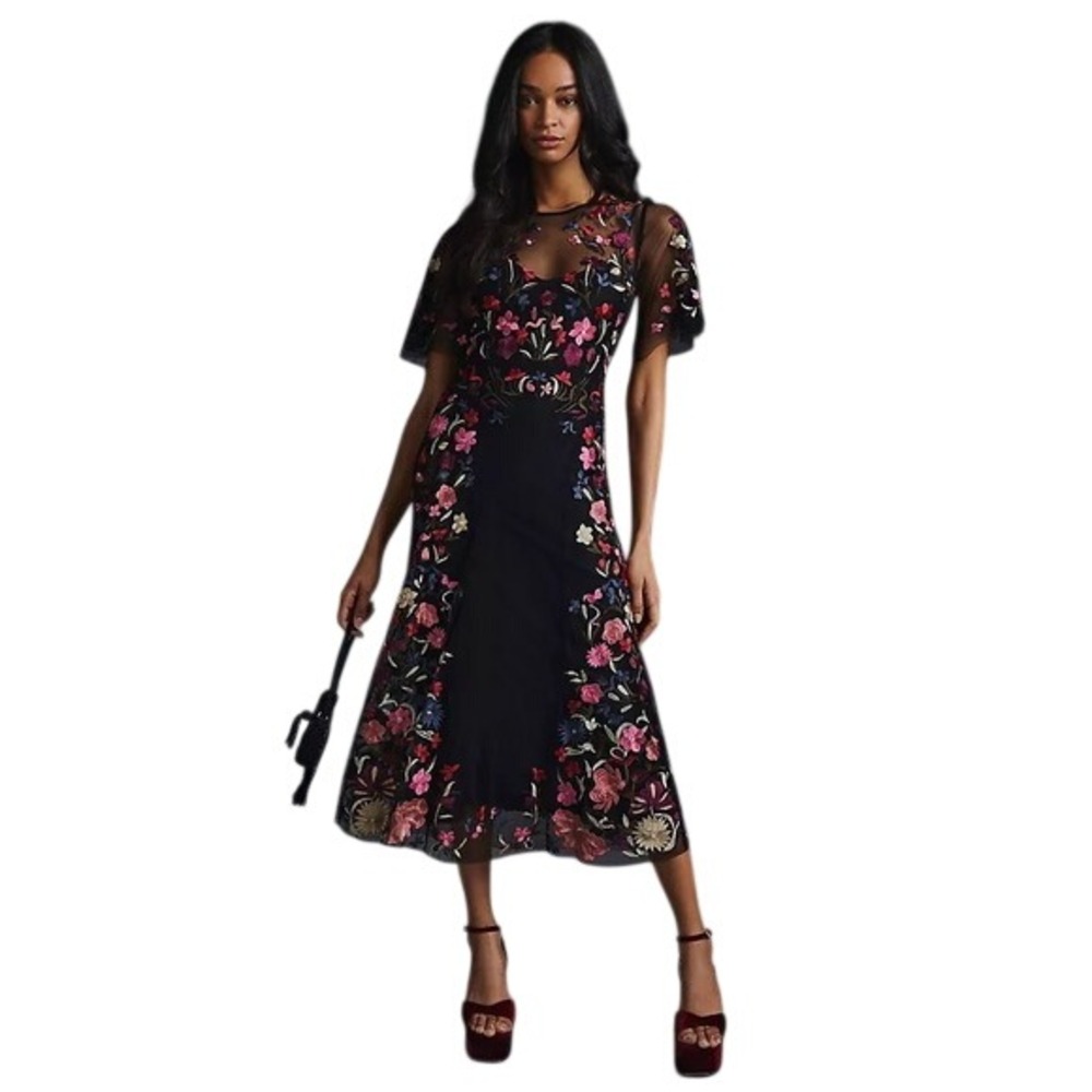 Anthropologie Floral‎ Embroidered Mesh Flutter Sleeve Midi Dress Size 2